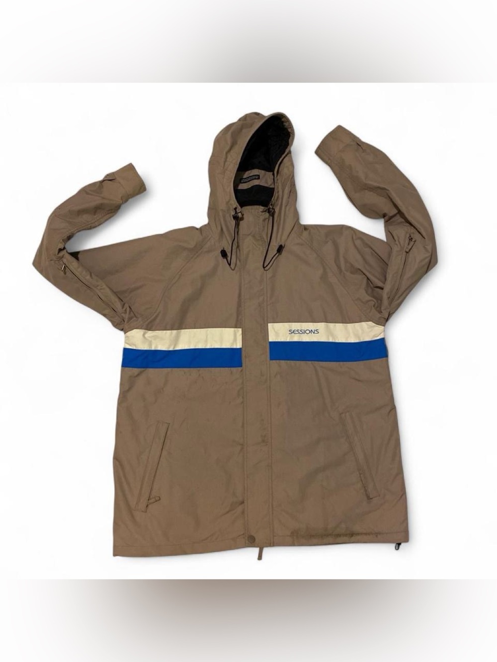 SESSIONS Men’s Hooded Snow Jacket in Tan with Blue and White Stripes